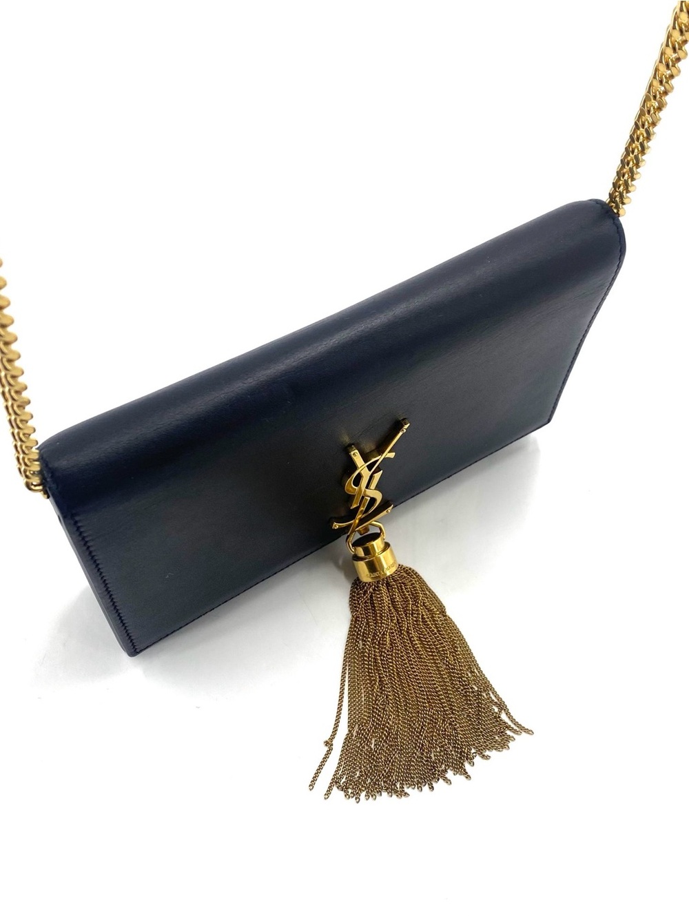 Saint Laurent Navy Leather Tassel Chain Crossbody Bag with Gold Hardware